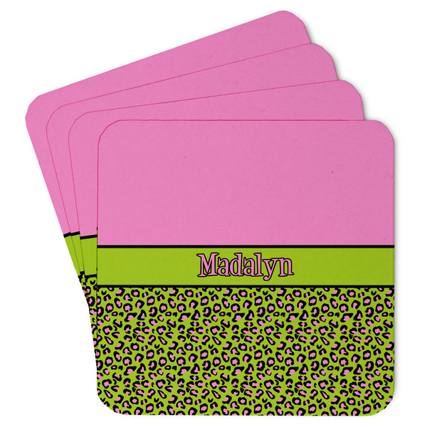 Custom Pink & Lime Green Leopard Paper Coasters (Personalized)