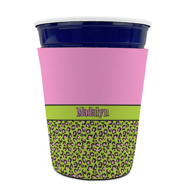 Pink & Lime Green Leopard Party Cup Sleeves - without bottom - FRONT (on cup)
