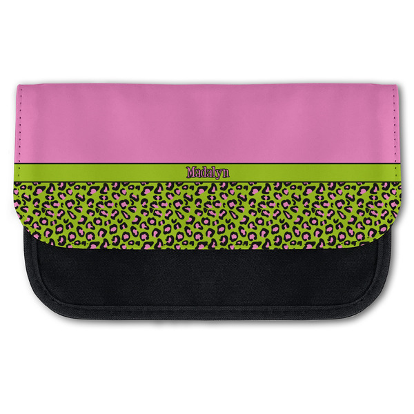 Custom Pink & Lime Green Leopard Canvas Pencil Case w/ Name or Text