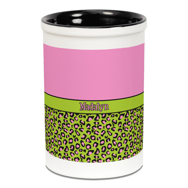Custom Pink & Lime Green Leopard Ceramic Pencil Holders - Black