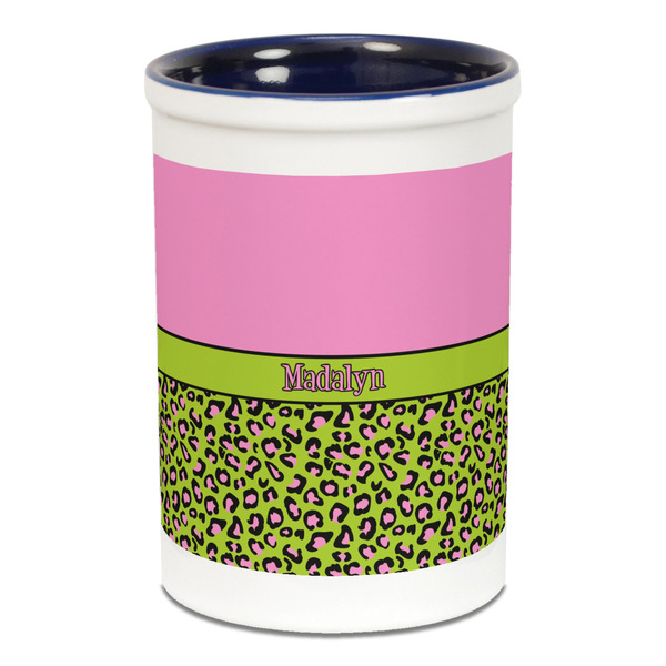 Custom Pink & Lime Green Leopard Ceramic Pencil Holders - Blue