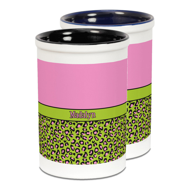 Custom Pink & Lime Green Leopard Ceramic Pencil Holder - Large