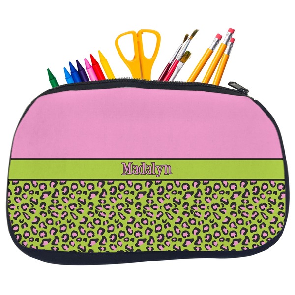 Custom Pink & Lime Green Leopard Neoprene Pencil Case - Medium w/ Name or Text