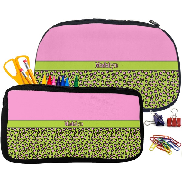 Pink & Lime Green Leopard Pencil / School Supplies Bags Small and Medium