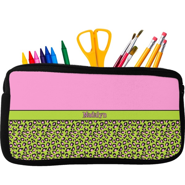 Custom Pink & Lime Green Leopard Neoprene Pencil Case (Personalized)