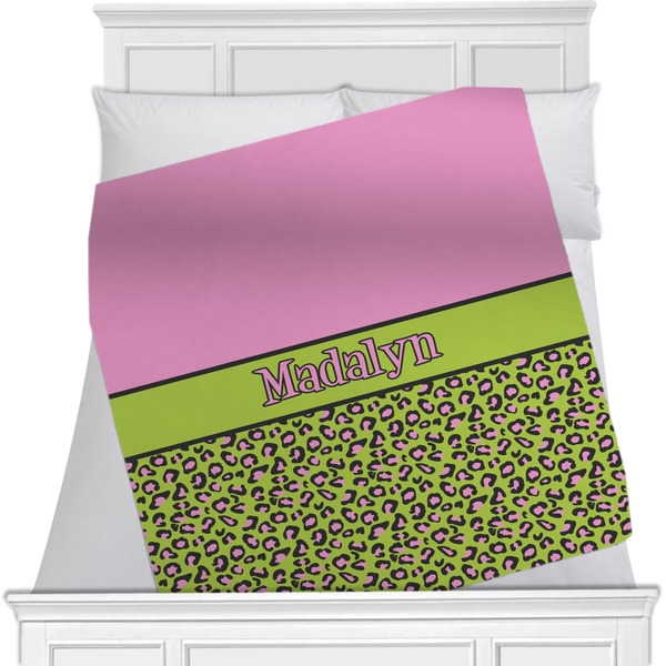 Custom Pink & Lime Green Leopard Minky Blanket - Twin / Full - 80"x60" - Double Sided w/ Name or Text