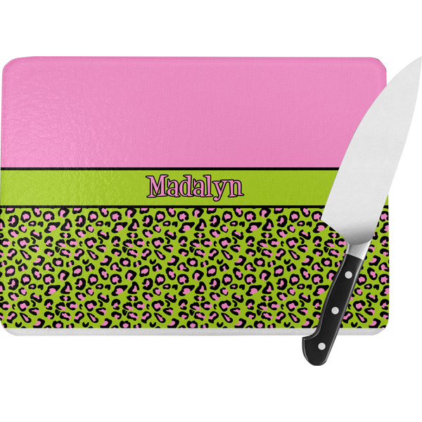Custom Pink & Lime Green Leopard Rectangular Glass Cutting Board (Personalized)