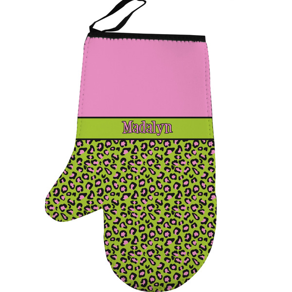 Custom Pink & Lime Green Leopard Left Oven Mitt (Personalized)