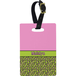 Pink & Lime Green Leopard Plastic Luggage Tag - Rectangular w/ Name or Text