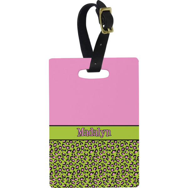 Custom Pink & Lime Green Leopard Plastic Luggage Tag - Rectangular w/ Name or Text
