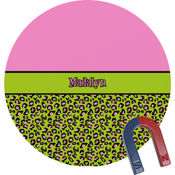 Pink & Lime Green Leopard Round Fridge Magnet (Personalized)