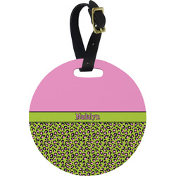 Pink & Lime Green Leopard Plastic Luggage Tag - Round (Personalized)