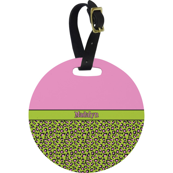 Custom Pink & Lime Green Leopard Plastic Luggage Tag - Round (Personalized)