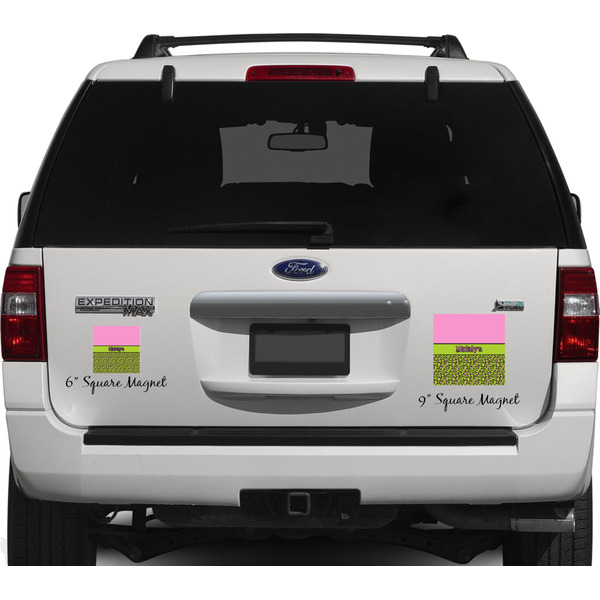 Pink & Lime Green Leopard Personalized Square Car Magnets on Ford Explorer