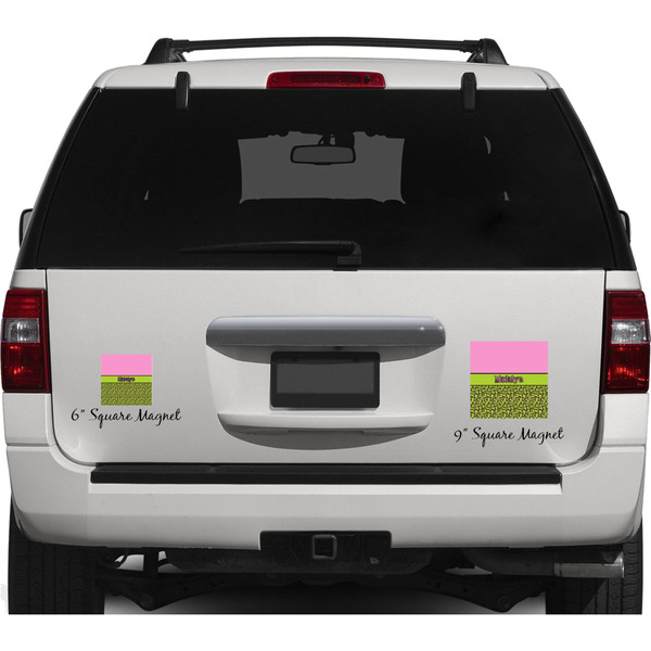 Pink & Lime Green Leopard Personalized Square Car Magnets on Ford Explorer