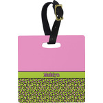 Pink & Lime Green Leopard Plastic Luggage Tag - Square w/ Name or Text
