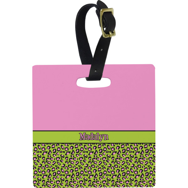 Custom Pink & Lime Green Leopard Plastic Luggage Tag - Square w/ Name or Text