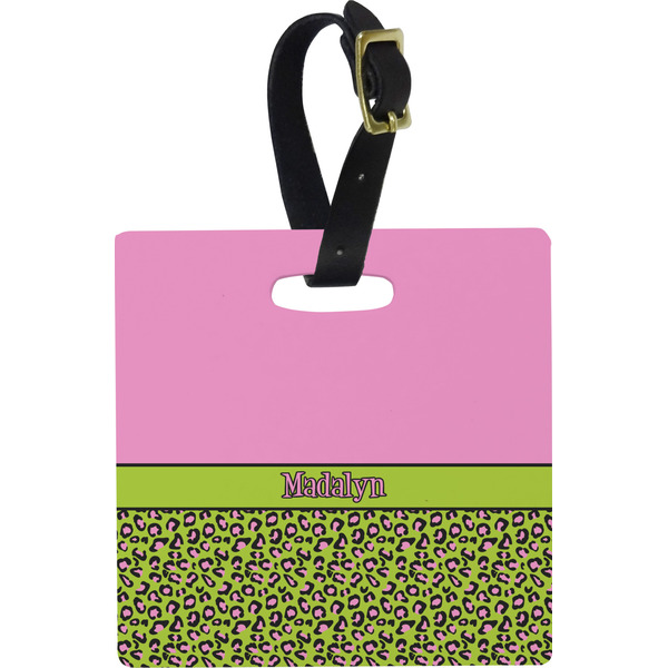 Pink & Lime Green Leopard Personalized Square Luggage Tag