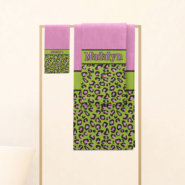 Pink & Lime Green Leopard Personalized Towel Set