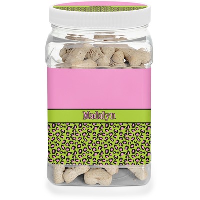 Pink & Lime Green Leopard Dog Treat Jar (Personalized)