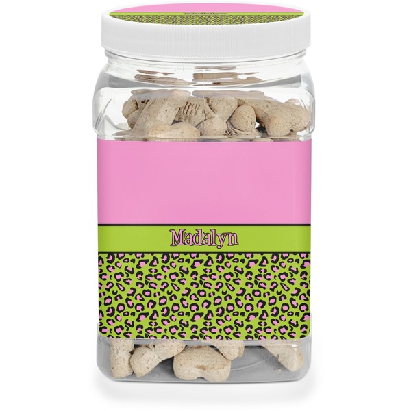 Custom Pink & Lime Green Leopard Dog Treat Jar (Personalized)