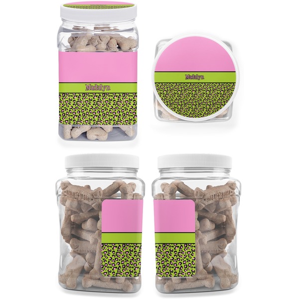 Pink & Lime Green Leopard Pet Treat Jar - Multiple Angles