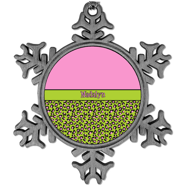 Custom Pink & Lime Green Leopard Vintage Snowflake Ornament (Personalized)