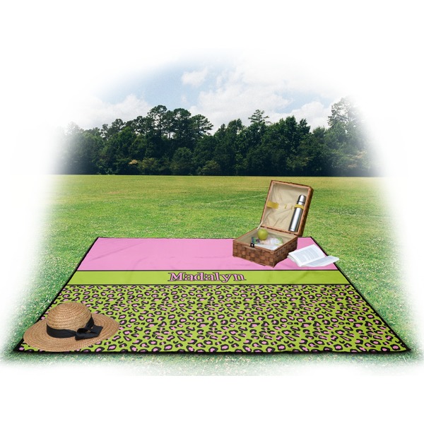 Pink & Lime Green Leopard Picnic Blanket - with Basket Hat and Book - in Use
