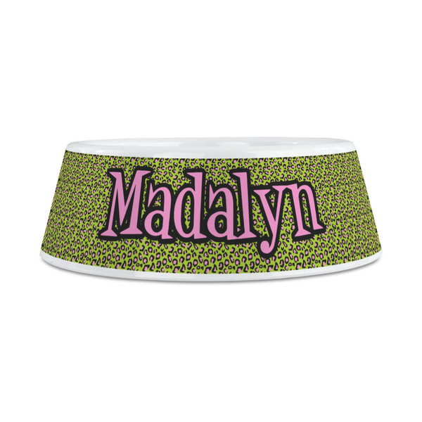 Pink & Lime Green Leopard Plastic Dog Bowls - Medium - FRONT