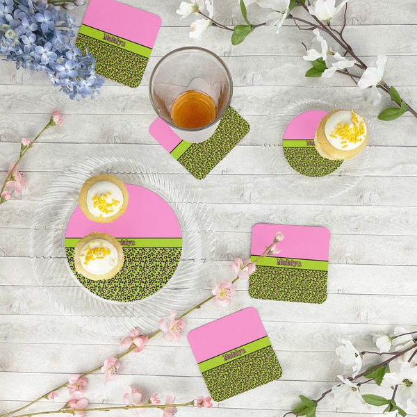 Pink & Lime Green Leopard Plastic Party Appetizer & Dessert Plates - In Context