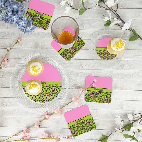 Pink & Lime Green Leopard Plastic Party Dinner Plates - In Context