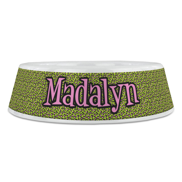 Pink & Lime Green Leopard Plastic Pet Bowls - Large - FRONT