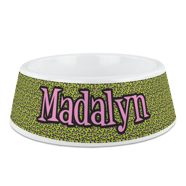 Custom Pink & Lime Green Leopard Plastic Dog Bowl - Medium (Personalized)
