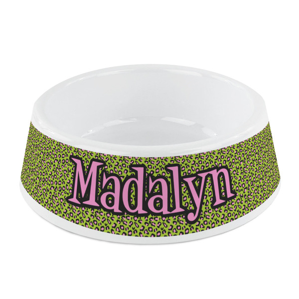 Custom Pink & Lime Green Leopard Plastic Dog Bowl - Small (Personalized)