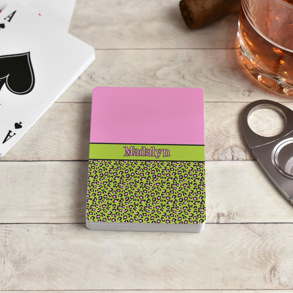 Pink & Lime Green Leopard Playing Cards - In Context