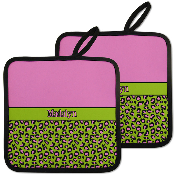 Custom Pink & Lime Green Leopard Pot Holders - Set of 2 w/ Name or Text