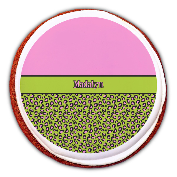 Pink & Lime Green Leopard Printed Icing Circle - Large - On Cookie