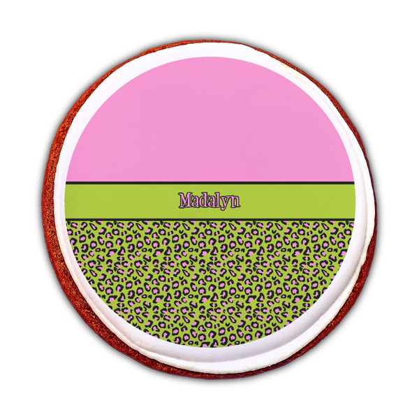 Pink & Lime Green Leopard Printed Icing Circle - Medium - On Cookie