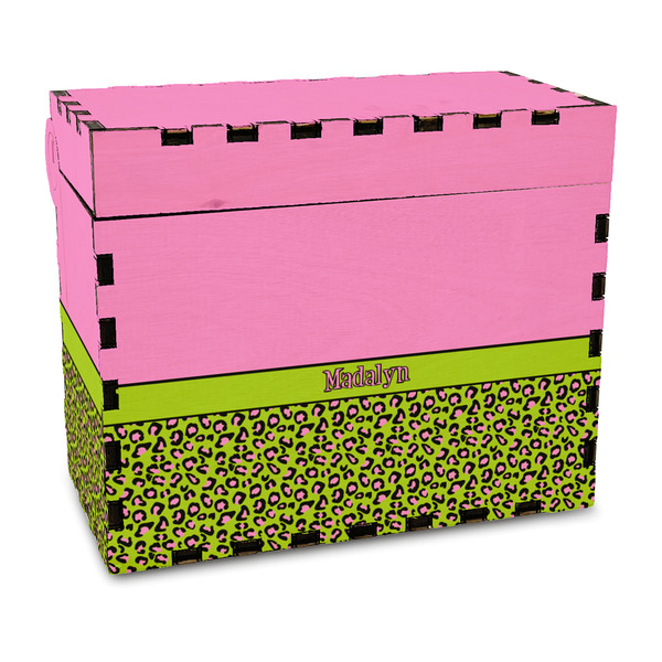 Custom Pink & Lime Green Leopard Wood Recipe Box - Full Color Print (Personalized)