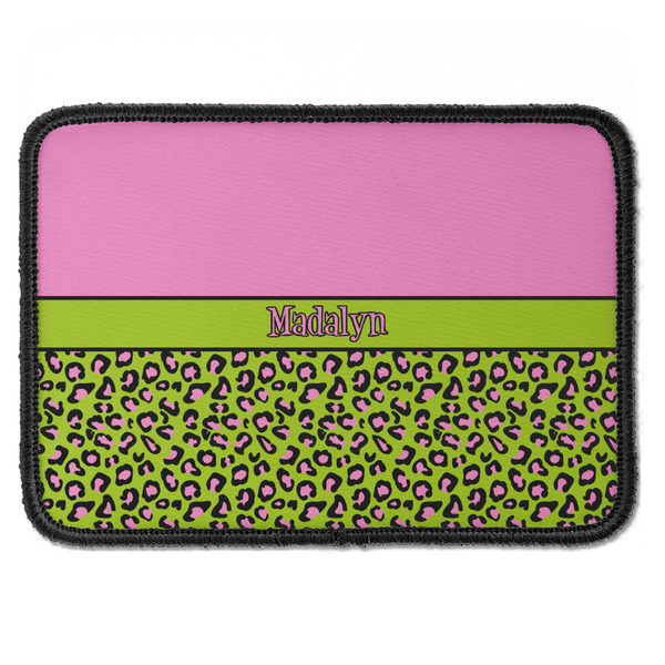 Custom Pink & Lime Green Leopard Iron On Rectangle Patch w/ Name or Text