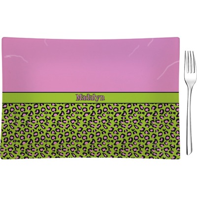 Pink & Lime Green Leopard Rectangular Glass Appetizer / Dessert Plate - Single or Set (Personalized)