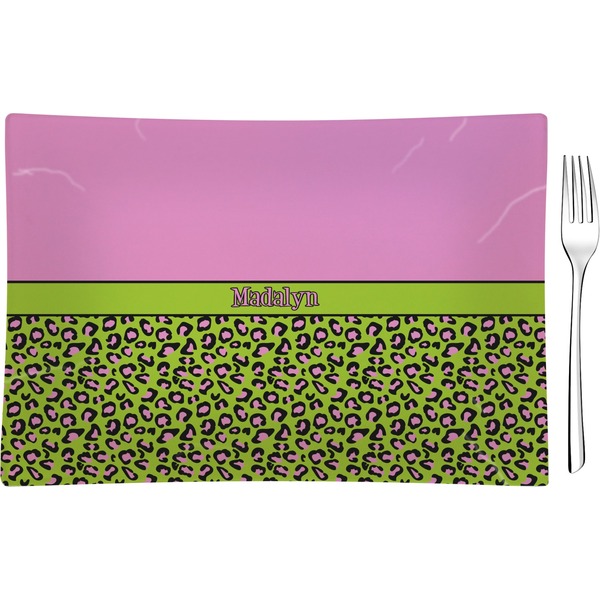 Custom Pink & Lime Green Leopard Rectangular Glass Appetizer / Dessert Plate - Single or Set (Personalized)