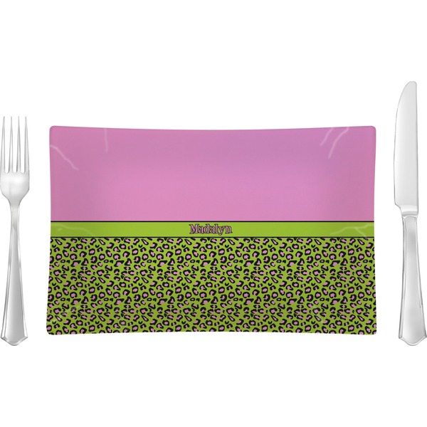 Custom Pink & Lime Green Leopard Rectangular Glass Lunch / Dinner Plate - Single or Set (Personalized)