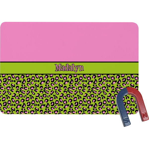 Custom Pink & Lime Green Leopard Rectangular Fridge Magnet w/ Name or Text