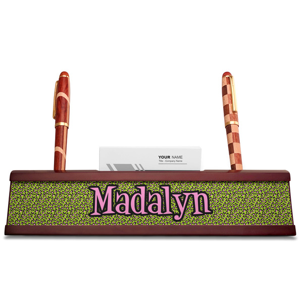Pink & Lime Green Leopard Red Mahogany Nameplates with Business Card Holder - Straight