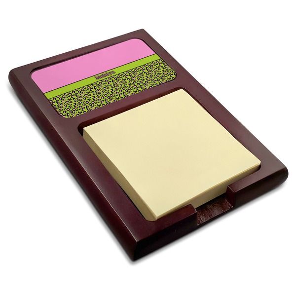Custom Pink & Lime Green Leopard Red Mahogany Sticky Note Holder (Personalized)