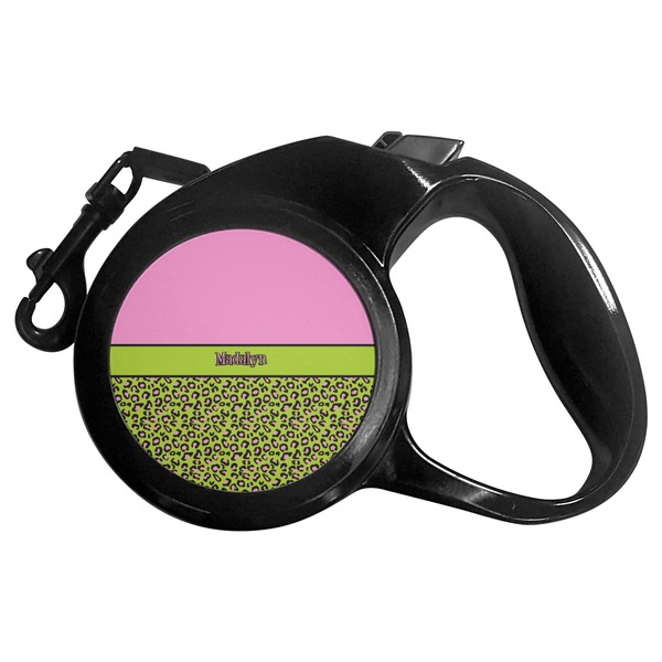 Custom Pink & Lime Green Leopard Retractable Dog Leash - Medium (Personalized)