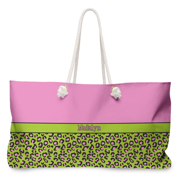 Custom Pink & Lime Green Leopard Large Tote Bag with Rope Handles (Personalized)