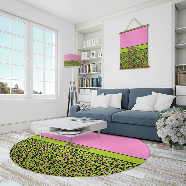 Pink & Lime Green Leopard Round Area Rug - IN CONTEXT
