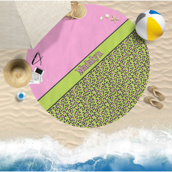 Pink & Lime Green Leopard Round Beach Towel Lifestyle